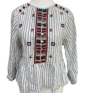 Zara Woman’s Linen Striped Peplum Peasant Blouse‎ Top Sz XS PomPom Embroidered